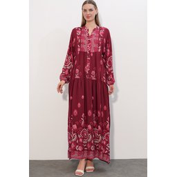 فستان نسائي طويل محتشم بنقشة 2585 - C. Bordo Women's Patterned Long Modest Dress 2585 - C. Bordo