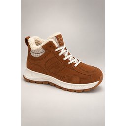 حذاء سنيكرز نسائي شتوي NORTEX من Muggo، مبطن بالفرو، برباط وسحاب، نعل سميك - تان Muggo NORTEX Women's Winter Fur-Lined Sneaker Boots with Zipper & Laces - Tan