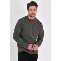 سويت شيرت رجالي خاكي بياقة دائرية مزدوجة وقصة مريحة Men's Khaki Double Crew Neck Standard Relaxed Fit Sweatshirt