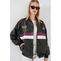 جاكيت بومبر 0698 من الجلد الصناعي المطبوع - أسود / بنفسجي 0698 Printed Faux Leather Bomber Jacket - Black / Purple