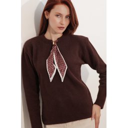 كنزة نسائية فضفاضة بتفاصيل وشاح 15971 - بني Women's Oversize Scarf Detail Sweater 15971 - Brown