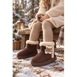 بوت أطفال شتوي Muggo TOFFE مبطن بالفرو مع فيونكة - بني Muggo TOFFE Girls' Winter Boots - Fur Lined with Bow Detail - Brown