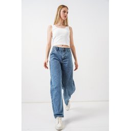 6689 بنطلون جينز باغي نسائي بخصر عالٍ - أزرق 6689 Women's High-Waist Baggy Jeans - Blue