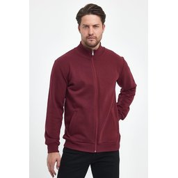 جاكيت رجالي بورجوندي بسحاب وياقة قائمة وجيوب جانبية مبطن بالقطن Men's Burgundy Cotton-Lined Zippered Stand-Collar Cardigan with Side Pockets