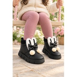 Muggo PIPA حذاء شتوي بناتي فرو داخلي بفيونكة وأذني أرنب - أسود Muggo PIPA Girls' Winter Boots with Rabbit Ears, Bow, Faux Fur Lining - Black