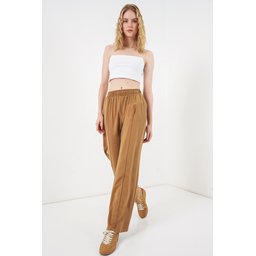 بنطلون نسائي واسع الساق بخصر مطاطي 30087 - لون توبا Women's Elastic Waist Wide Leg Trousers 30087 - Taba