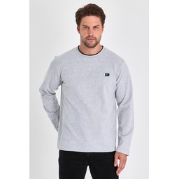 سويت شيرت رجالي رمادي بقبة دائرية مزدوجة وتفاصيل طباعة Men's Grey Double Crew Neck Sweatshirt with Print Detail