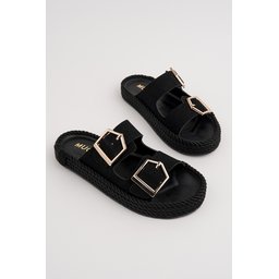 Muggo GOLDY حذاء نسائي مريح بكعب مسطح قابل للتعديل بإبزيم مزدوج - أسود Muggo GOLDY Women's Double Buckle Adjustable Comfortable Flat Sandals - Black