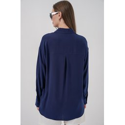 قميص نسائي أوفرسايز فيسكوز 3785 - كحلي Women's Oversize Viscose Shirt 3785 - Navy Blue