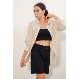 قميص نسائي فضفاض بخطوط 20407 - كريم Women's Striped Oversize Shirt 20407 - Cream