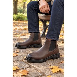 Muggo THOR حذاء تشيلسي رجالي شتوي جلد طبيعي سميك النعل - بني Muggo THOR Men's Genuine Leather Thick Sole Winter Chelsea Boots - Brown