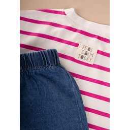 طقم بنطلون واسع بقصة موسمية 2-10 - إيكرو فوشيا مخطط Seasonal Wide-Cut Trousers Set 2-10 - Ecru Fuchsia Striped