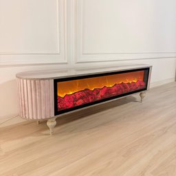 ميز شاشة تركي فاخر  إضاءة ديكورية ثلاثية الأبعاد 3D Turkish Luxury Beige Marble-Effect TV Stand with 3D Decorative Flame Lighting