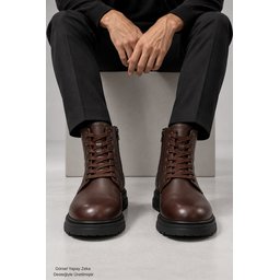 Muggo DİARA حذاء بوت رجالي شتوي يومي جلد طبيعي برباط وسحاب - بني Muggo DİARA Men's Genuine Leather Lace-Up & Zipper Winter Daily Boots - Brown