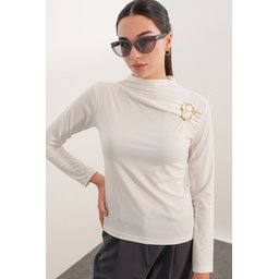 بلوزة نسائية بأكمام طويلة وتفاصيل مشبك 40046 - أبيض Women's Long Sleeve Blouse with Buckle Detail 40046 - White