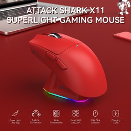 ماوس ألعاب أتاك شارك X11 لاسلكي ثلاثي الاتصال مع قاعدة شحن مغناطيسية وإضاءة RGB ATTACK SHARK X11 Tri-Mode Wireless Gaming Mouse with Magnetic Charging Dock