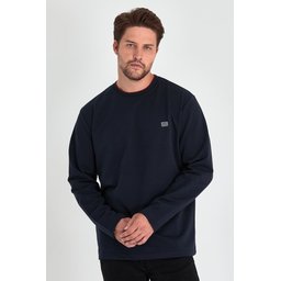 سويت شيرت رجالي كحلي بقصة مريحة وياقة دائرية مزدوجة وتفاصيل طباعة Men's Navy Double Crew Neck Standard Relaxed Fit Sweatshirt with Print Detail