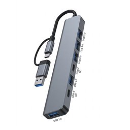 موزع منافذ USB احترافي جداً متعدد 7×1 لجميع الأجهزة.. هواتف، لابتوب، تجميعات، بلاي ستيشن، اكس بوكس، بمنفذين للربط Type-C وUSB BYL-2217TU 7-in-1 Universal Hub Adapter - Dual Input USB 3.0 & USB-C Multiport Splitter with USB 3.0, USB 2.0, USB-C DC Ports