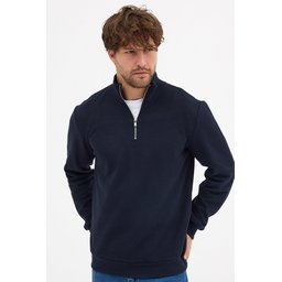 سويت شيرت رجالي كحلي بياقة واقفة وسحاب نصفي، قصة عادية من القطن Men's Navy Standard Fit Half-Zip Stand-Up Collar Cotton Sweatshirt