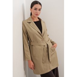 معطف ترنش نسائي قصير بحزام 5990 - بيج فاتح Women's Belted Short Trench Coat 5990 - Light Beige