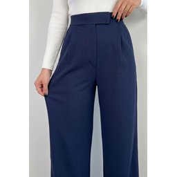 بنطلون بالازو نسائي ليكرا بخصر عالٍ وأزرار لاصقة وجيوب - كحلي Women's Lycra High-Waist Palazzo Pants with Velcro Closure and Pockets - Navy Blue