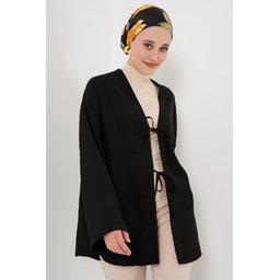 كيمونو حجاب كتان 5968 - أسود Linen Modest Kimono 5968 - Black