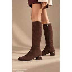 حذاء نسائي MUGGO COLLİE طويل بكعب مدبب وسحاب جانبي - بني سويدي MUGGO COLLİE Women's Pointed Toe Side Zipper Heeled Boots - Brown Suede