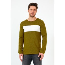 سويت شيرت هاكي للجنسين بقصة عادية وياقة دائرية وأكمام طويلة مع شريط Khaki Unisex Regular Fit Crew Neck Long Sleeve Striped Sweatshirt