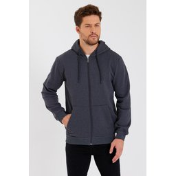 METALIC سترة رجالية بغطاء رأس وسحاب، بجيوب كانجارو، مبطنة بالقطن - أنثراسيت METALIC Men's Hooded Zipper Cardigan with Kangaroo Pockets, Cotton Lined - Anthracite