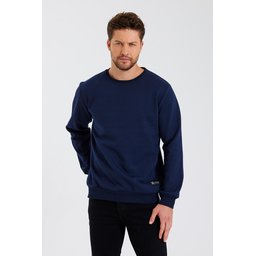 سويتشيرت رجالي بياقة دائرية وتفاصيل ملصق، مبطن بالقطن - كحلي Men's Crew Neck Cotton Lined Sweatshirt with Label Detail - NAVY