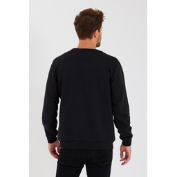 سويت شيرت رجالي أسود بياقة دائرية وتفاصيل ملصق، مبطن بالقطن Men's Crew Neck Sweatshirt with Label Detail, Cotton Lined - Black