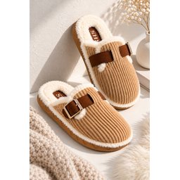 Muggo CLAY شبشب نسائي شتوي من الفرو الصناعي مع إبزيم - لون توبا Muggo CLAY Women's Plush Winter House Slippers with Buckle - Taba