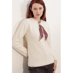 كنزة نسائية فضفاضة بتفاصيل وشاح 15971 - كريم Women's Oversize Scarf Detail Sweater 15971 - Cream