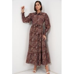 فستان نسائي محتشم بحزام 2589 - بني Women's Belted Modest Dress 2589 - Brown