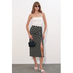 تنورة نسائية منقطة بشق 8082 - أسود Women's Polka Dot Slit Skirt 8082 - Black