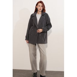9143 جاكيت نسائي من الصوف بياقة متقاطعة - أنثراسيت 9143 Women's Anthracite Crossover Collar Wool Blend Jacket