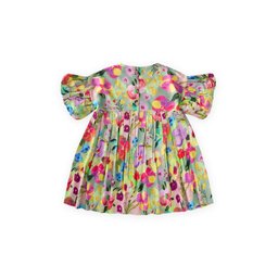 فستان فيسكون أخضر بأكمام بالون للبنات 2-10 سنوات Girls' Balloon Sleeve Viscose Dress 2-10 Years - Green