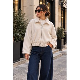 جاكيت نسائي بسحاب وتفاصيل حزام 0784 - كريمي Women's Belt Detail Zipper Jacket 0784 - Cream