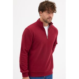 سويتشيرت رجالي قطن برقبة قائمة بسحاب نصفي، قصة عادية، لون خمري Men's Burgundy Standard Fit Cotton Half-Zip Stand Collar Sweatshirt
