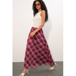 تنورة نسائية مبطنة بنقشة 8075 - خمري داكن Women's Patterned Lined Skirt 8075 - Dark Burgundy