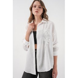 قميص نسائي كتان واسع 20338 - أبيض Women's Oversize Linen Shirt 20338 - White