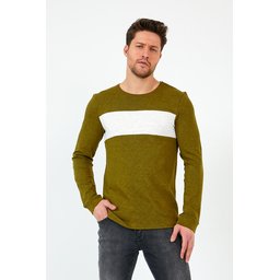 سويت شيرت هاكي للجنسين بقصة عادية وياقة دائرية وأكمام طويلة مع شريط Khaki Unisex Regular Fit Crew Neck Long Sleeve Striped Sweatshirt