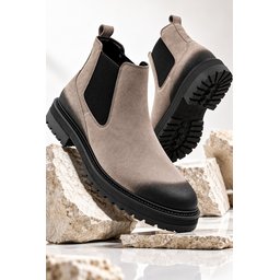 بوت تشيلسي رجالي Muggo BRAWN جلد طبيعي عتيق بنعل سميك - رملي Muggo BRAWN Men's Genuine Leather Vintage Toe Elastic Thick Sole Chelsea Boots - Sand
