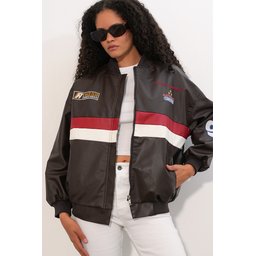 جاكيت بومبر 0698 من الجلد الصناعي المطبوع - بني 0698 Printed Faux Leather Bomber Jacket - Brown