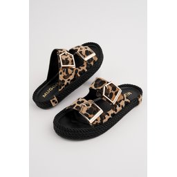 Muggo GOLDY شبشب نسائي مريح بنعل سميك قابل للتعديل بإبزيم مزدوج - نقشة الفهد Muggo GOLDY Women's Double Buckle Adjustable Comfort Sole Daily Slippers - Leopard Print