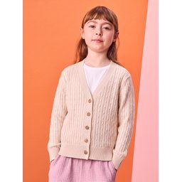جاكيت تريكو للأطفال بتصميم ضفيرة، 2-8 سنوات، لون حجري Kids' Braided Knit Cardigan, 2-8 Years, Stone Color