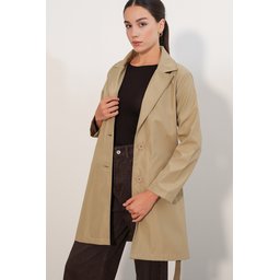 معطف ترنش نسائي قصير بحزام 5990 - بيج فاتح Women's Belted Short Trench Coat 5990 - Light Beige