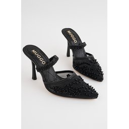 Muggo PEARLY حذاء نسائي بكعب رفيع مدبب مزين بالخرز والشبك - أسود Muggo PEARLY Women's Pointed-Toe Beaded Mesh Stiletto Mules - Black
