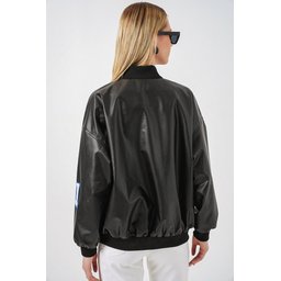 جاكيت بومبر 0698 من الجلد الصناعي المطبوع - أسود / بنفسجي 0698 Printed Faux Leather Bomber Jacket - Black / Purple