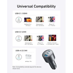 انكر - شاحن سيارة Nano يحتوي 3 منافذ 2C1A بقوة شحن 167.5 واط مع كيبل C to C بطول 1 متر - رمادي Anker Car Charger 3-Ports 167.5W with 3.3ft USB-C Cable Gray